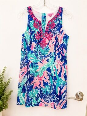 Lilly Pulitzer Tropical Floral Embroidered Sleeveless Dress in Pink, Blue & Aqua